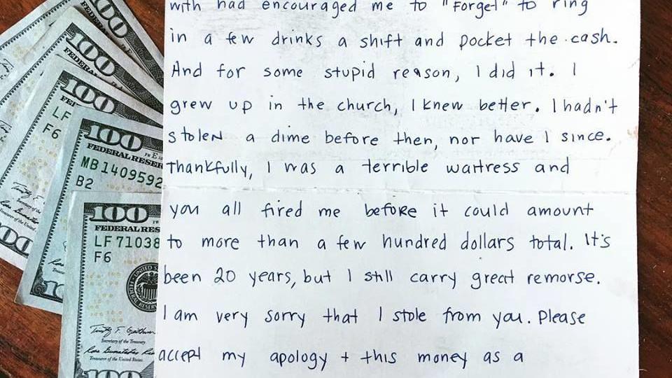 'Sorry that I stole from you,' ex-waitress tells Tucson restaurant owner in letter filled with $1,000